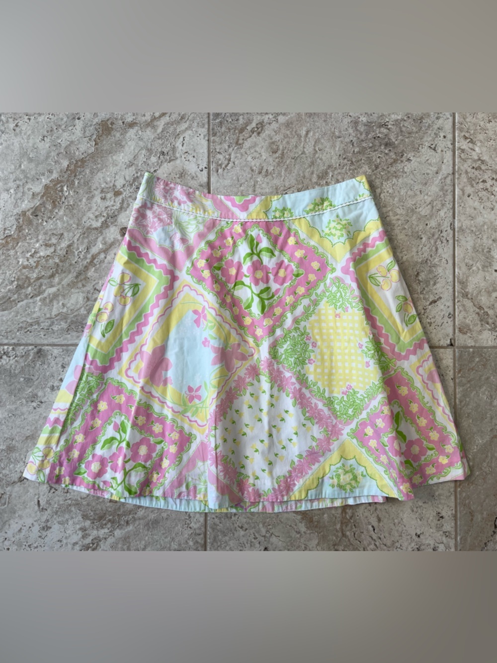 Lilly Pulitzer White Label Vintage A-Line Pastel Patchwork Pink Yellow Skirt, 8